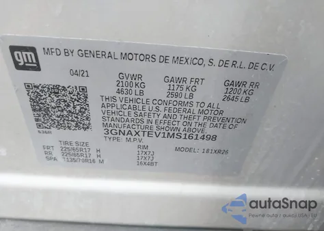 2021 Chevrolet Equinox Awd 2Fl z USA, uszkodzony, nr VIN 3GNAXTEV1MS161498
